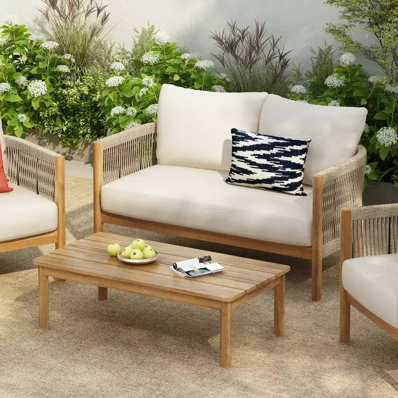 Christopher Knight Home Gilda Patio Rope Weaving Acacia Wood Loveseat and Coffee Table Seating Set