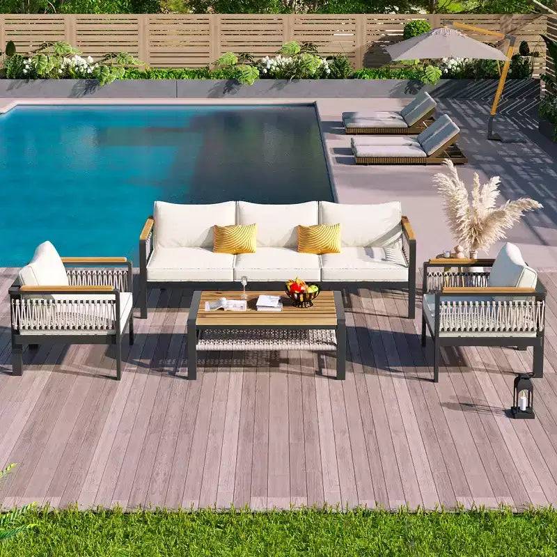 Conjunto de sofá seccional para exteriores de 4 piezas, conjunto de conversación para patio con capacidad para 5 personas, cojines y mesa de centro - ModernLuxe