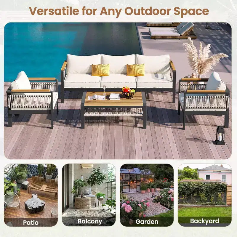 Conjunto de sofá seccional para exteriores de 4 piezas, conjunto de conversación para patio con capacidad para 5 personas, cojines y mesa de centro - ModernLuxe