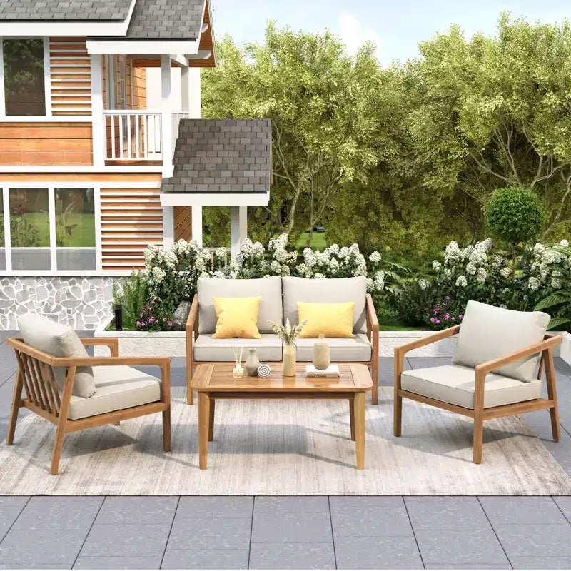 Christopher Knight Home Osborn 4 Piece Outdoor Slat Design Acacia Wood Seating Set with Cushion, Teak/Beige