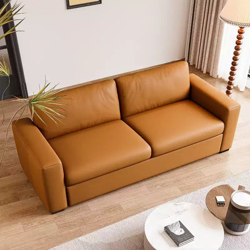82.7'' Orange Leather Loveseat Sofa with Square Arm, Mid-Century Modern