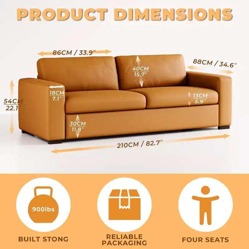 82.7'' Orange Leather Loveseat Sofa with Square Arm, Mid-Century Modern