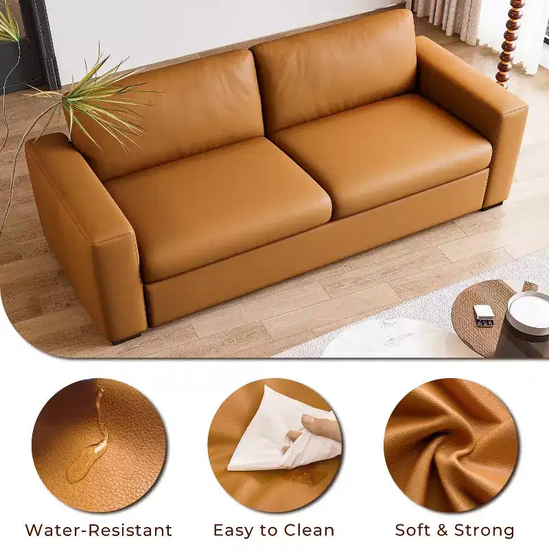 82.7'' Orange Leather Loveseat Sofa with Square Arm, Mid-Century Modern