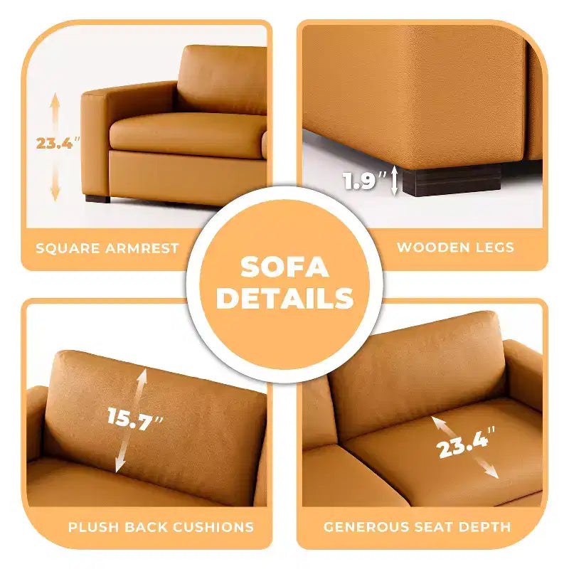 82.7'' Orange Leather Loveseat Sofa with Square Arm, Mid-Century Modern