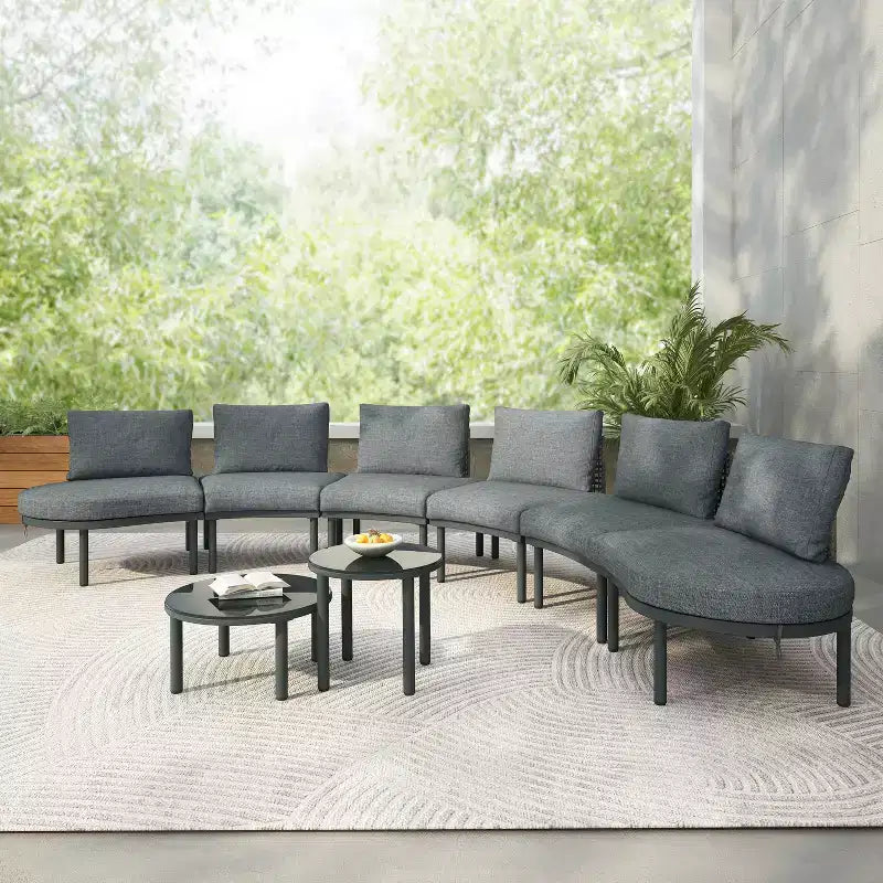 Whisen 6-Piece Half Moon Patio Sofa Set with 2 Coffee Tables and 4 Pillows, PE Rattan Sectional