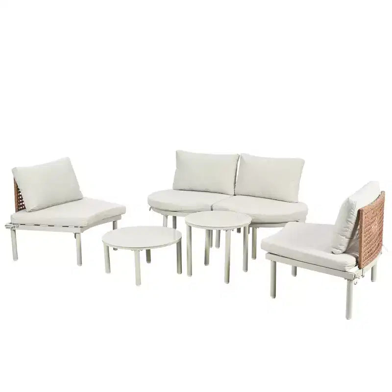 Set di divani da patio a mezzaluna Whisen da 6 pezzi con 2 tavolini da caffè e 4 cuscini, divano componibile in rattan PE