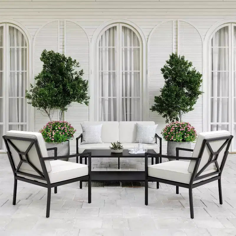 Conjunto de conversación para patio de acero Martha Stewart de 4 piezas, con sofá biplaza, 2 sillas y mesa de centro en negro