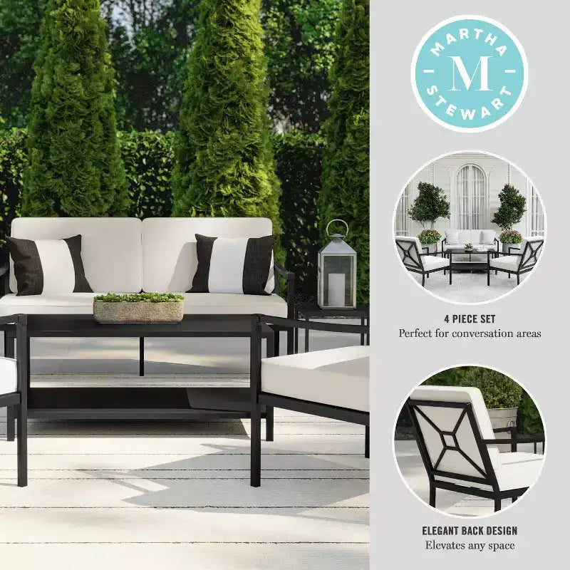 Conjunto de conversación para patio de acero Martha Stewart de 4 piezas, con sofá biplaza, 2 sillas y mesa de centro en negro