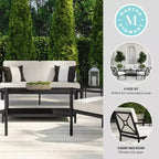 Conjunto de conversación para patio de acero Martha Stewart de 4 piezas, con sofá biplaza, 2 sillas y mesa de centro en negro