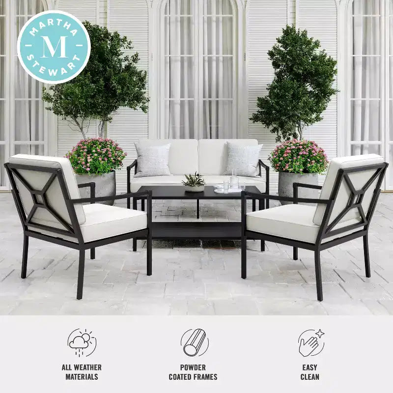 Conjunto de conversación para patio de acero Martha Stewart de 4 piezas, con sofá biplaza, 2 sillas y mesa de centro en negro