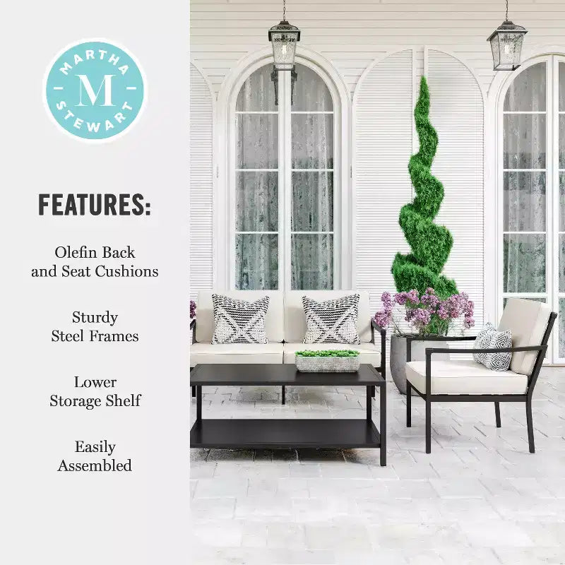 Conjunto de conversación para patio de acero Martha Stewart de 4 piezas, con sofá biplaza, 2 sillas y mesa de centro en negro