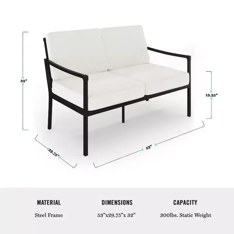 Conjunto de conversación para patio de acero Martha Stewart de 4 piezas, con sofá biplaza, 2 sillas y mesa de centro en negro