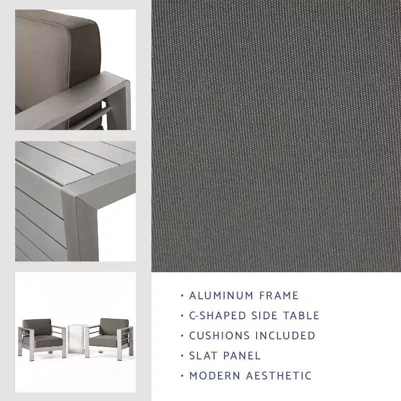 Conjunto de conversación de 3 piezas para exteriores Christopher Knight Home Crested Bay, de aluminio, con mesa en forma de C
