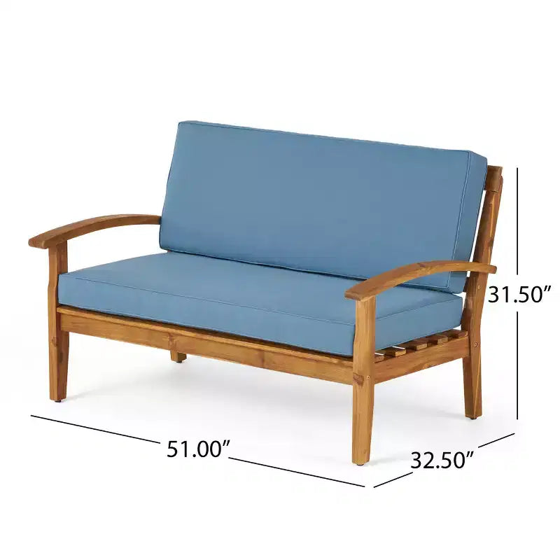 Conjunto GDFStudio Keanu de sofá biplaza y mesa de centro de madera de acacia para exteriores, con cojines