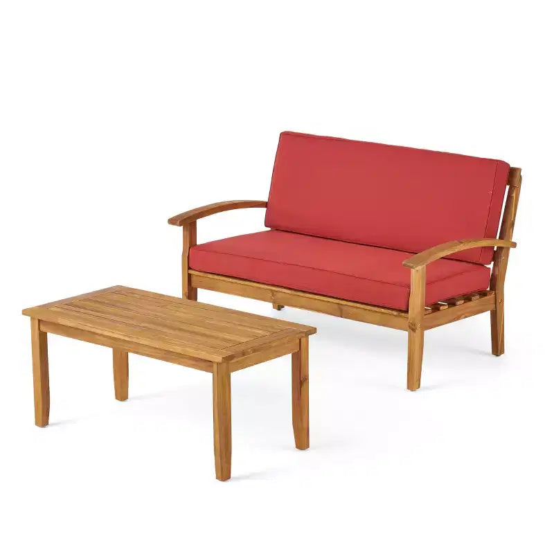 Conjunto GDFStudio Keanu de sofá biplaza y mesa de centro de madera de acacia para exteriores, con cojines