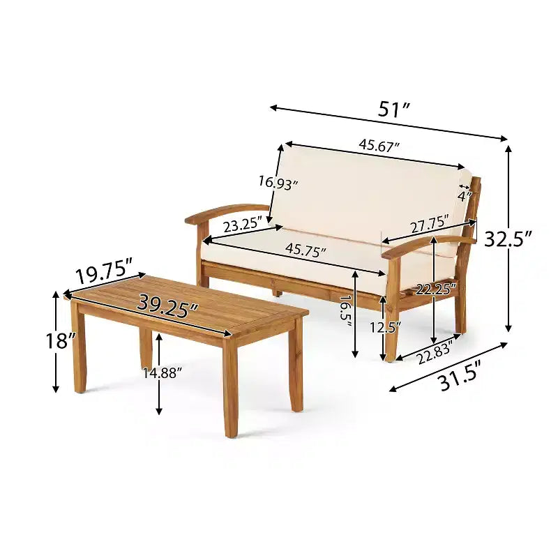 Conjunto GDFStudio Keanu de sofá biplaza y mesa de centro de madera de acacia para exteriores, con cojines