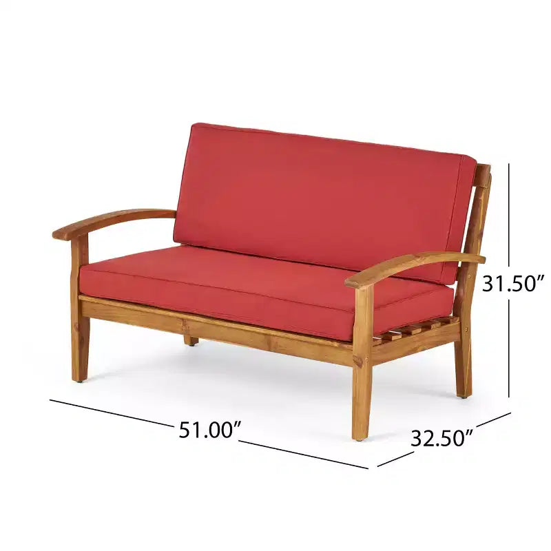 Conjunto GDFStudio Keanu de sofá biplaza y mesa de centro de madera de acacia para exteriores, con cojines