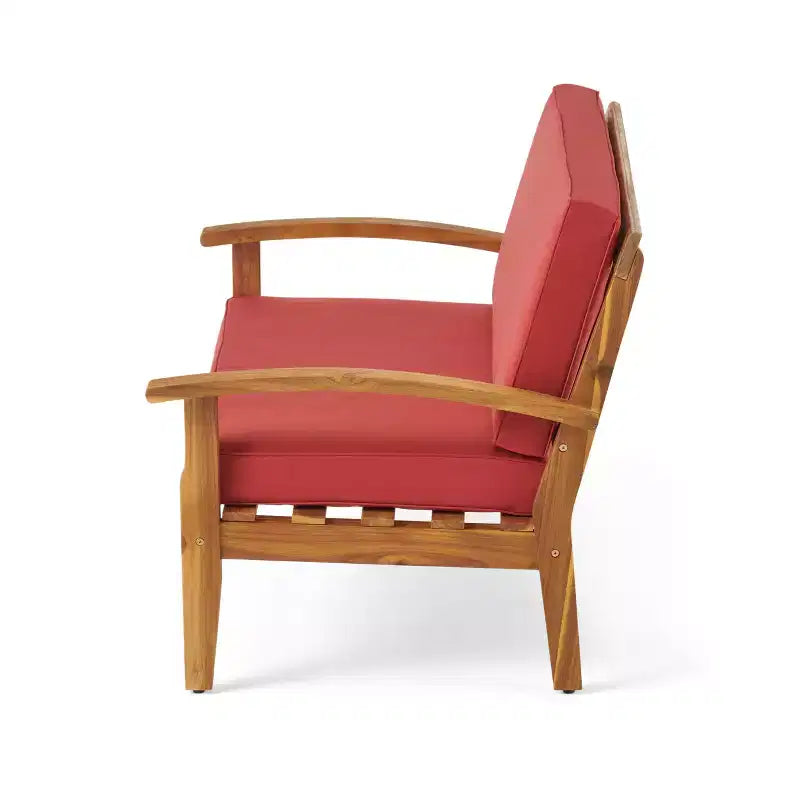 Conjunto GDFStudio Keanu de sofá biplaza y mesa de centro de madera de acacia para exteriores, con cojines