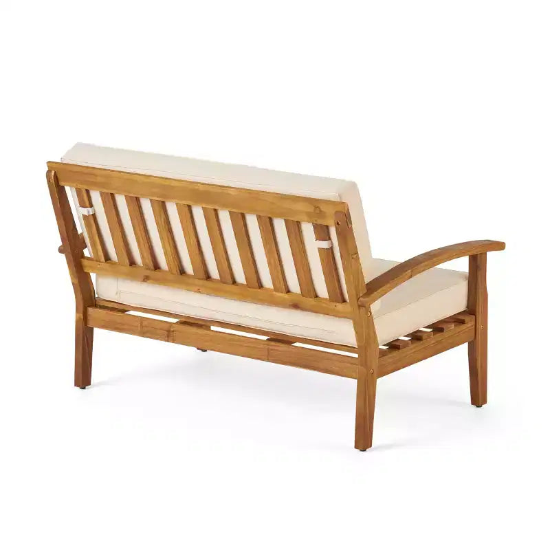 Conjunto GDFStudio Keanu de sofá biplaza y mesa de centro de madera de acacia para exteriores, con cojines