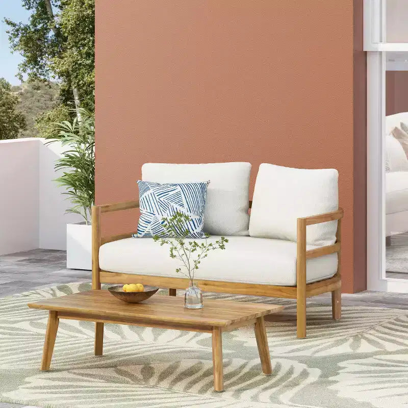 GDFStudio Aggie Outdoor Acacia Wood Loveseat and Coffee Table Set with Cushions, Teak/White