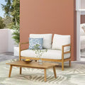 GDFStudio Aggie Outdoor Acacia Wood Loveseat and Coffee Table Set with Cushions, Teak/White