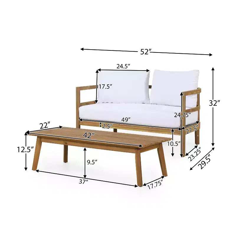 Conjunto GDFStudio Aggie de sofá biplaza y mesa de centro de madera de acacia para exteriores, con cojines, teca/blanco