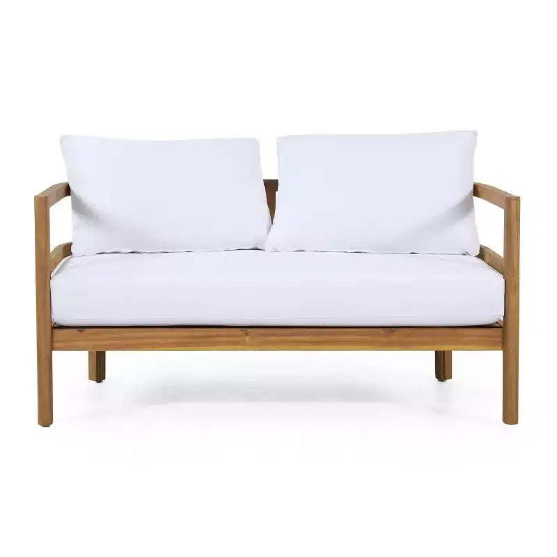 Conjunto GDFStudio Aggie de sofá biplaza y mesa de centro de madera de acacia para exteriores, con cojines, teca/blanco