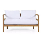 Conjunto GDFStudio Aggie de sofá biplaza y mesa de centro de madera de acacia para exteriores, con cojines, teca/blanco