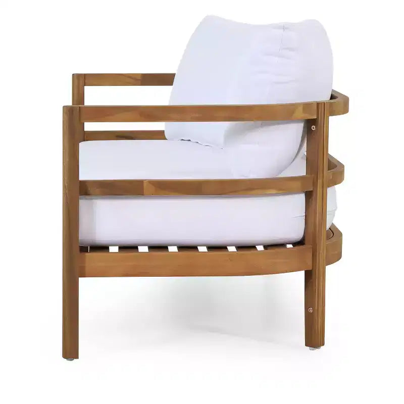Conjunto GDFStudio Aggie de sofá biplaza y mesa de centro de madera de acacia para exteriores, con cojines, teca/blanco