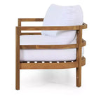 Conjunto GDFStudio Aggie de sofá biplaza y mesa de centro de madera de acacia para exteriores, con cojines, teca/blanco