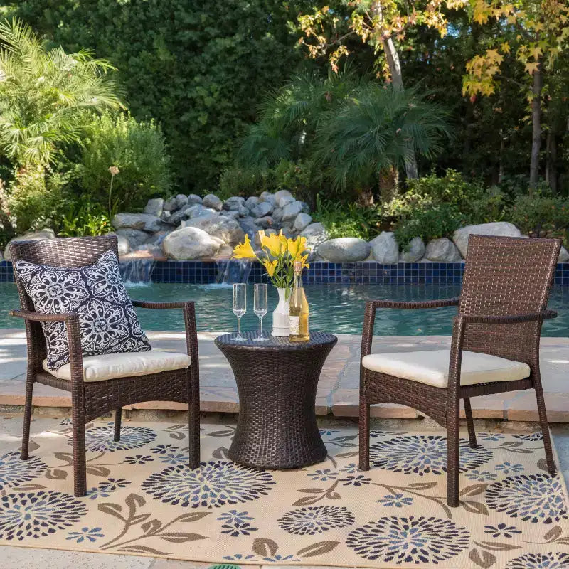GDFStudio Angelica Outdoor Wicker and Iron 3 Piece Chat Set with Water Resistant Cushion, Brown/Beige