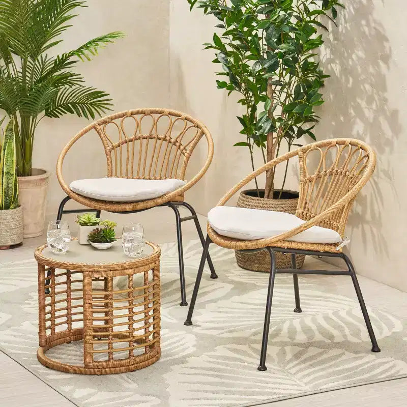 Christopher Knight Home Specter Outdoor Wicker and Tempered Glass 3 Piece Chat Set with Cushion, Light Brown/Beige