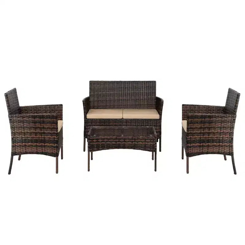 Karl Home 4-Piece Wicker Patio Conversation Set with Beige Cushions