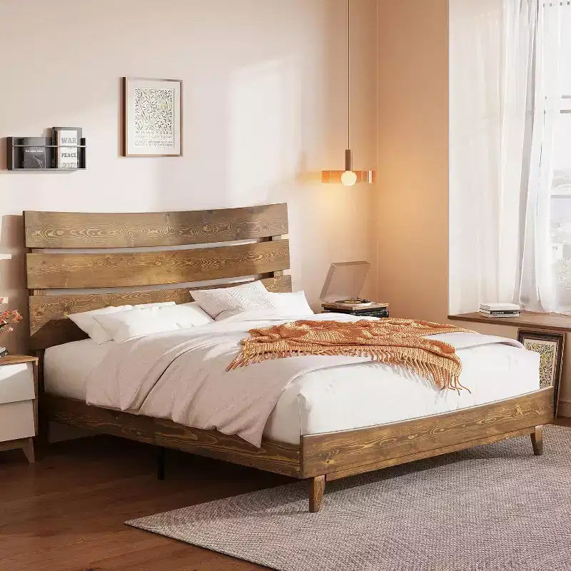 Solid Wood Bed Frame with Headboard, No Box Spring Needed