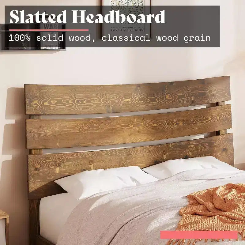 Solid Wood Bed Frame with Headboard, No Box Spring Needed