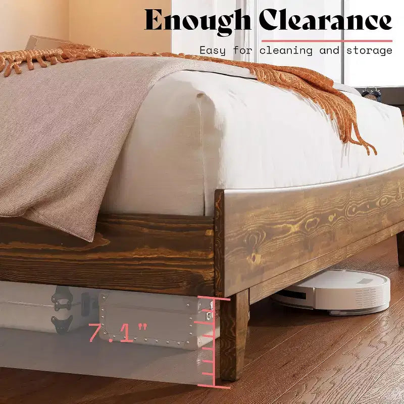 Solid Wood Bed Frame with Headboard, No Box Spring Needed
