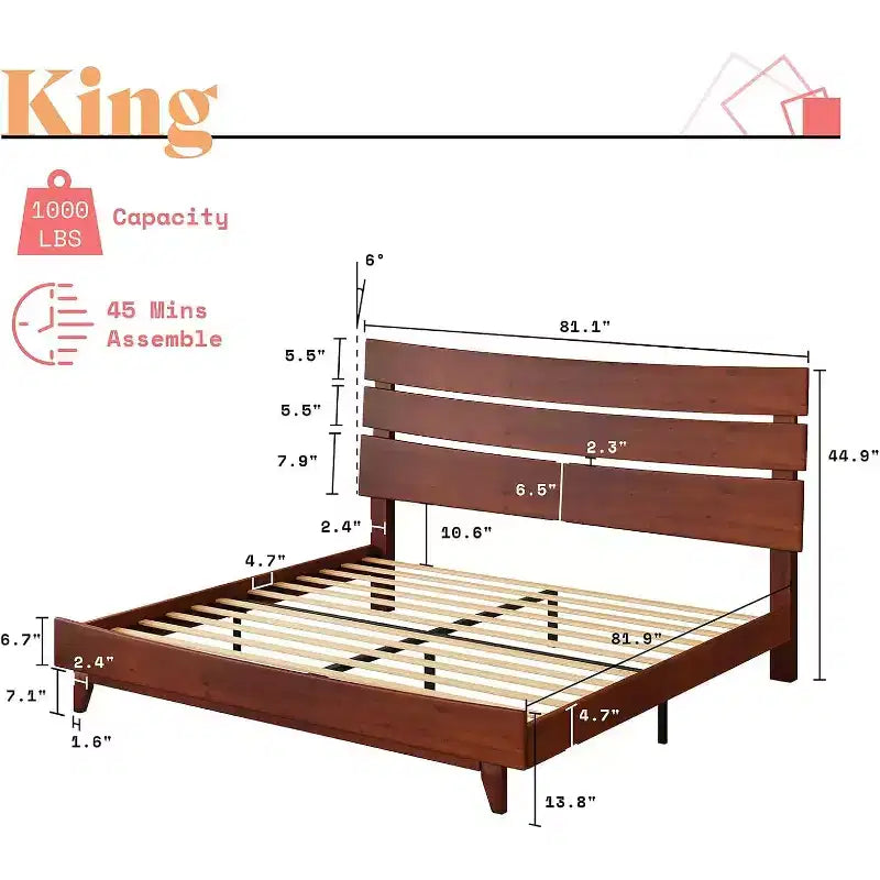 Solid Wood Bed Frame with Headboard, No Box Spring Needed