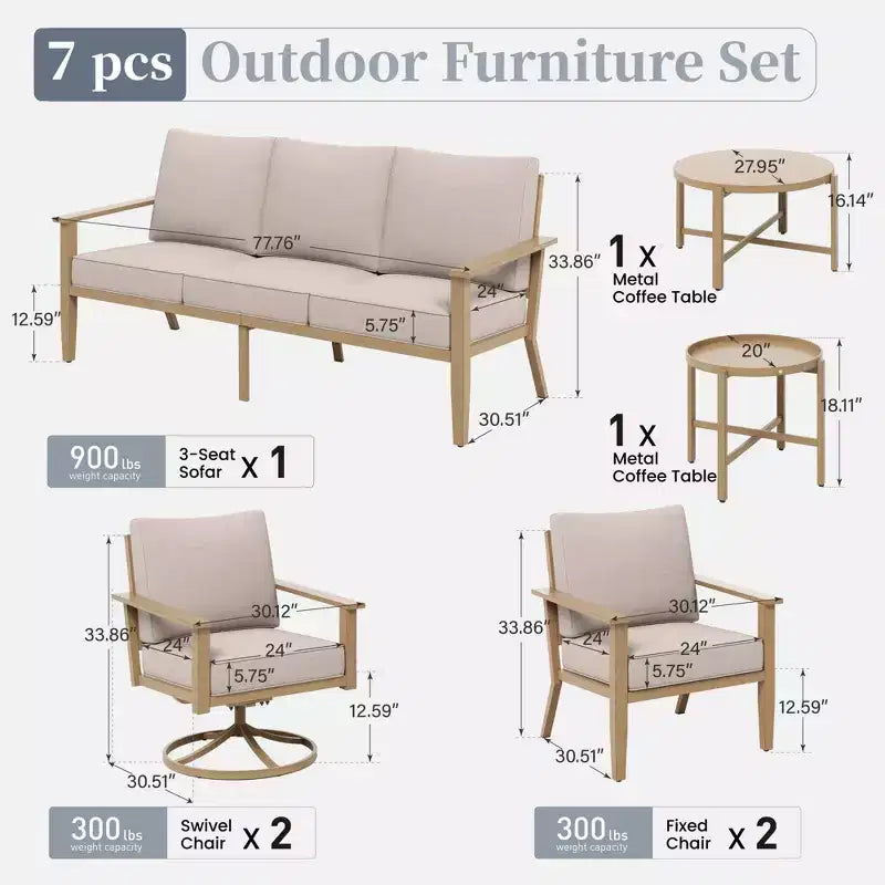 Captiva Designs 7-teiliges Outdoor-Patio-Gesprächsset mit Kreuzband-Rückenlehnen und dicken Polstern für Terrasse, Garten oder Poolbereich