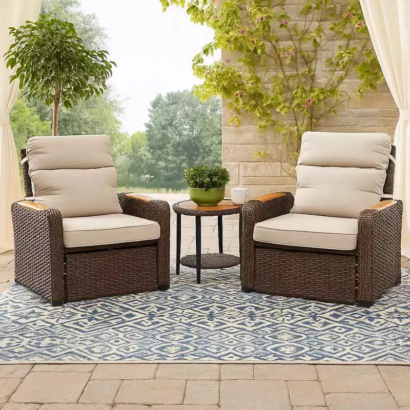 Teamson Home - Outdoor 3 Piece Wicker Recliner Set with Wood Armrests and Cushions