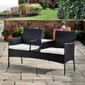 Teamson Home Outdoor Wicker Loveseat Bench with Table and Cushions, Black