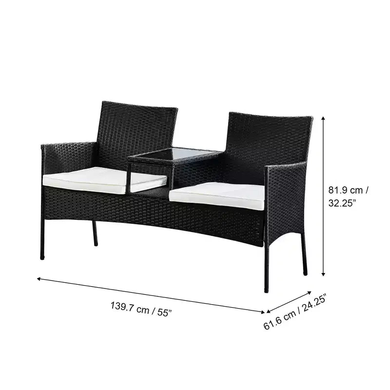 Teamson Home Outdoor-Loveseat-Bank aus Rattan mit Tisch und Polstern, schwarz