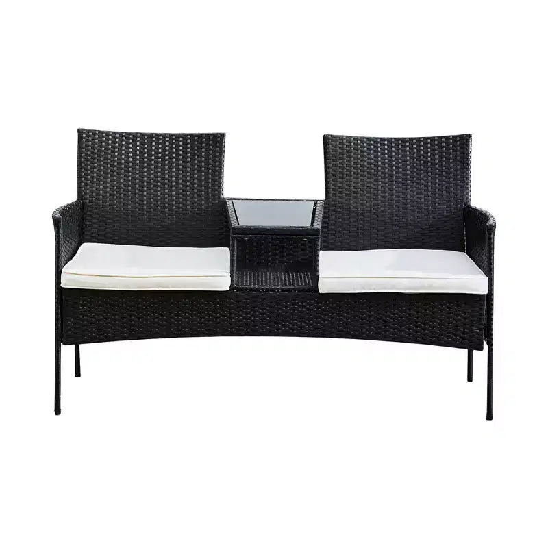 Teamson Home Outdoor-Loveseat-Bank aus Rattan mit Tisch und Polstern, schwarz