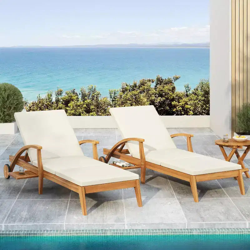 Christopher Knight Home Fred 3 Piece Outdoor Acacia Wood Adjustable Chaise Lounge and Accent Table