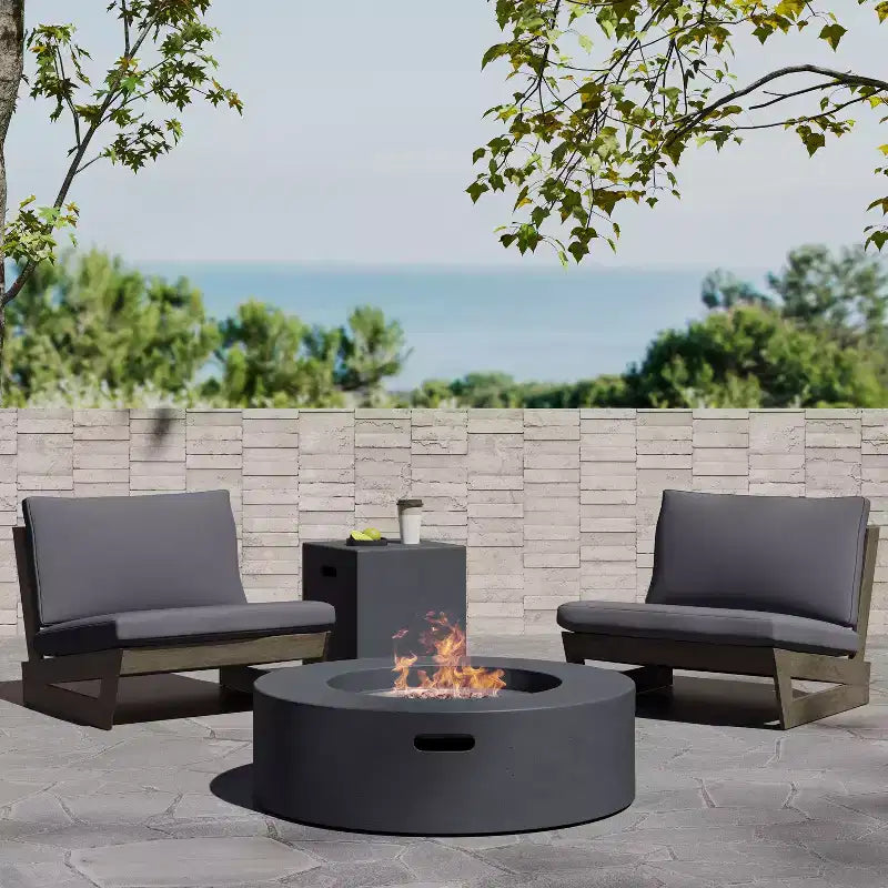 Christopher Knight Home Sherwood Outdoor Acacia Wood Club Chairs with Cushions and Circular Fire Pit