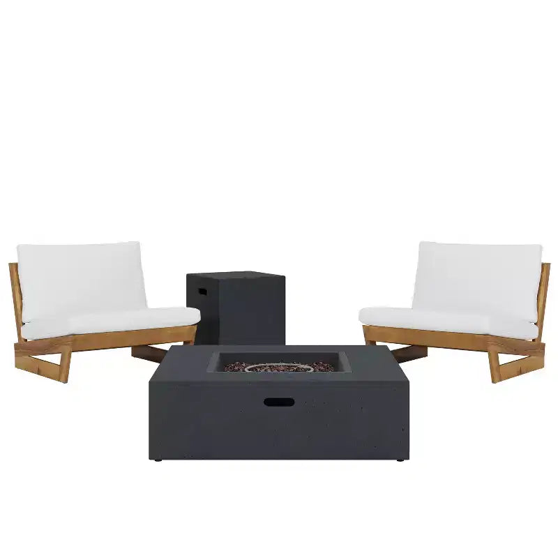 Fauteuils d’extérieur Christopher Knight Home Sherwood en bois d’acacia avec coussins et brasero carré