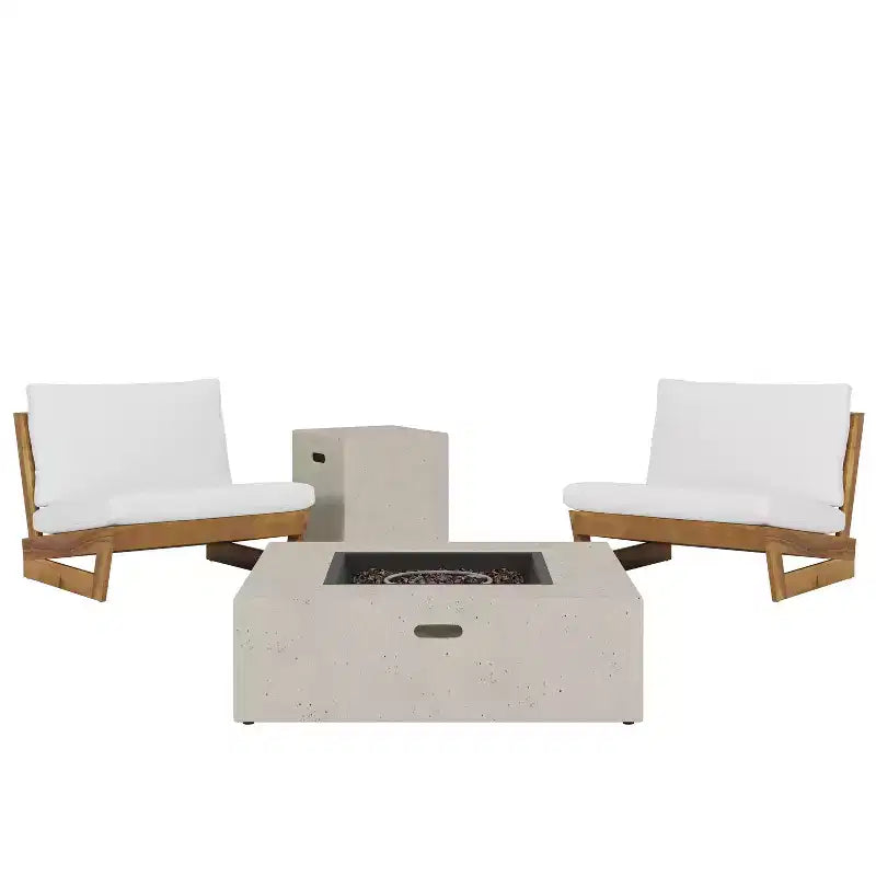 Fauteuils d’extérieur Christopher Knight Home Sherwood en bois d’acacia avec coussins et brasero carré