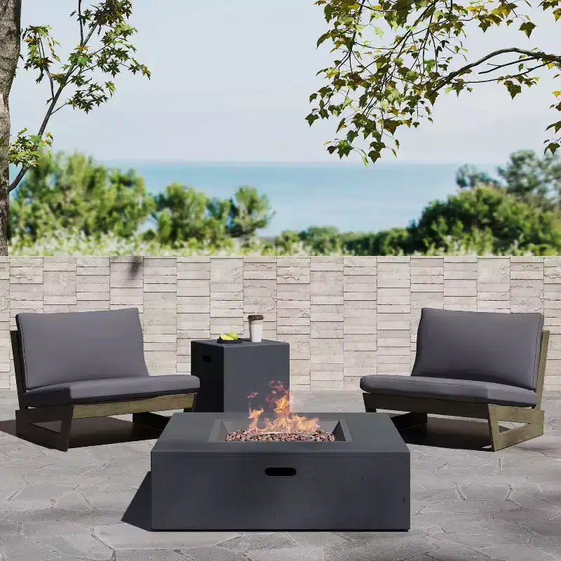 Christopher Knight Home Sherwood Outdoor Acacia Wood Club Chairs with Cushions and Square Fire Pit