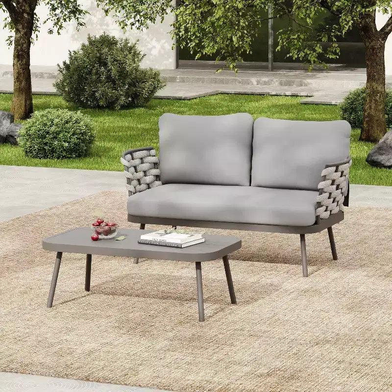 Christopher Knight Home Barbara Modern Outdoor Metal Coffee Table and Upholstered Lovesear Set