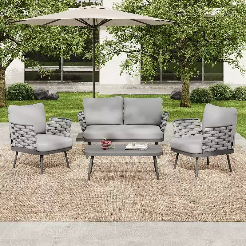 Christopher Knight Home Belle 4 Piece Modern Patio Metal and Rope Upholstered Seating Set with Coffee Table
