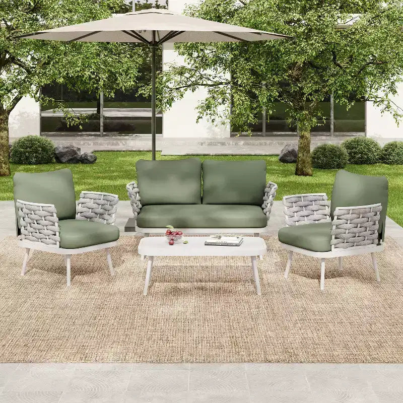 Christopher Knight Home Belle 4 részes modern kerti ülőgarnitúra fémből és kötélből, kárpitozott ülésekkel és dohányzóasztallal